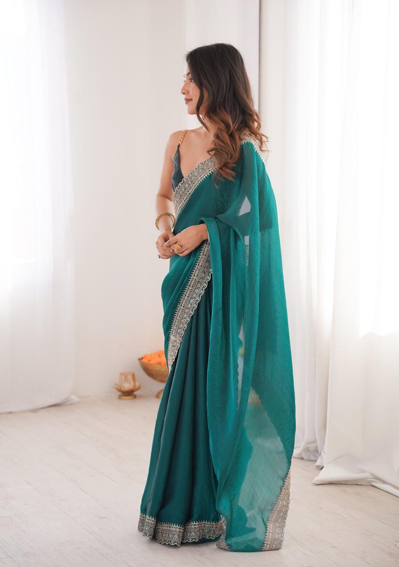 Sea Green Zari Work Silk Saree Set - Indya