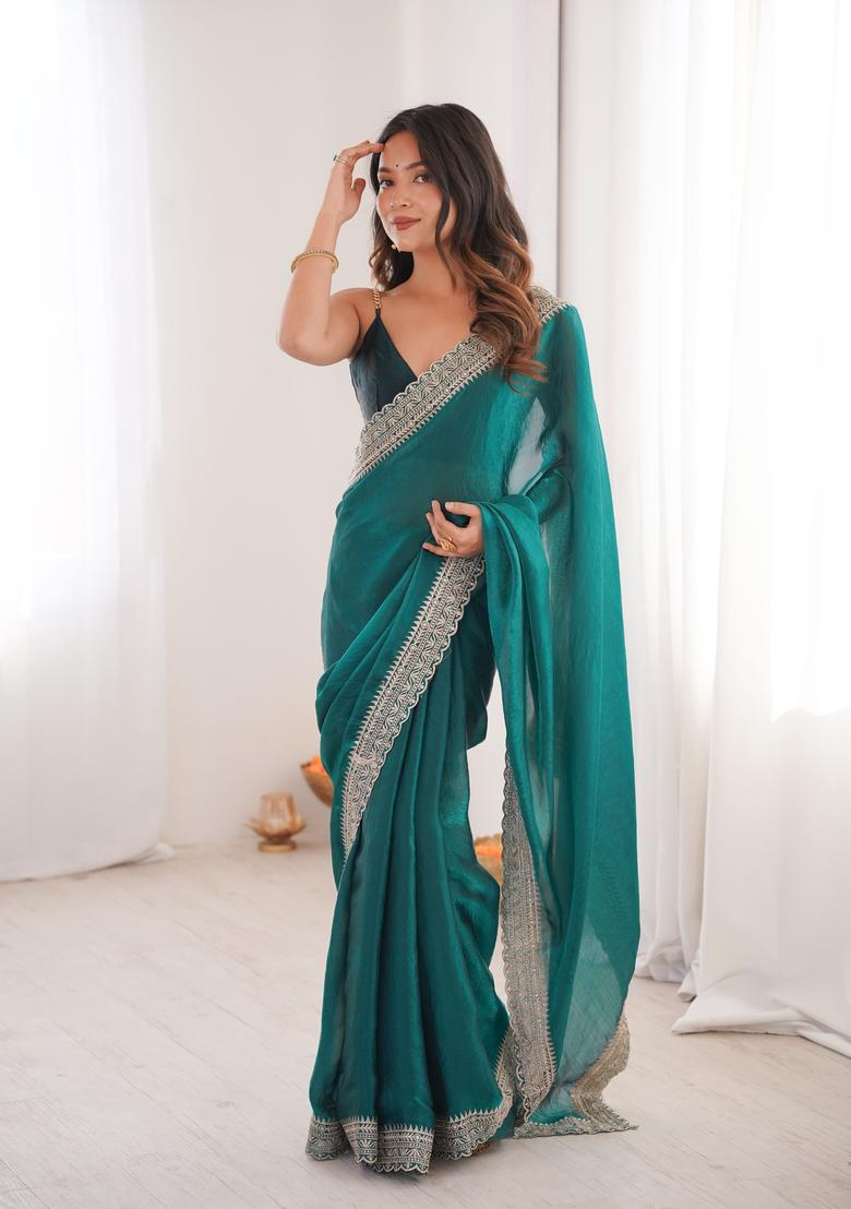 Sea Green Zari Work Silk Saree Set - Indya