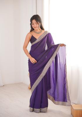 Violet Zari Work Silk Saree Set