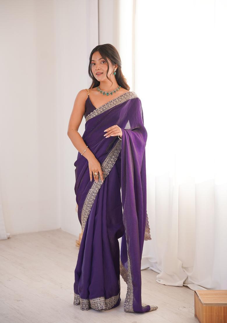 Violet Zari Work Silk Saree Set - Indya