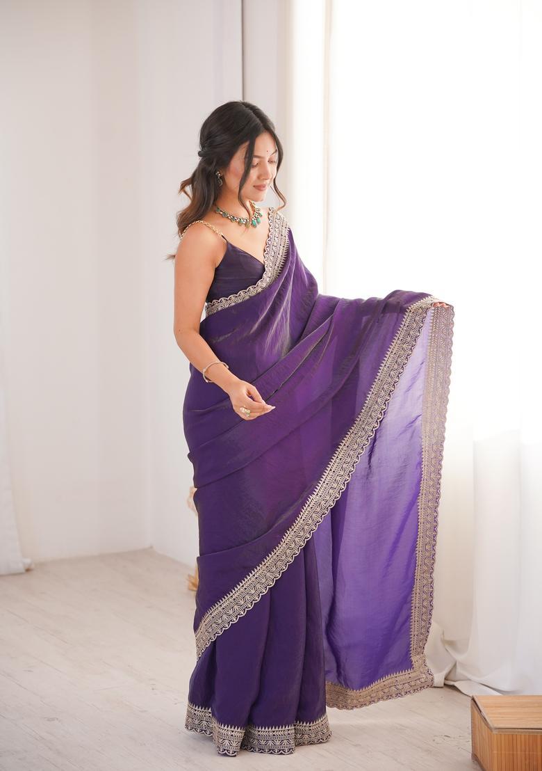 Violet Zari Work Silk Saree Set - Indya
