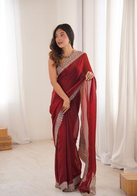 Maroon Zari Work Silk Saree Set