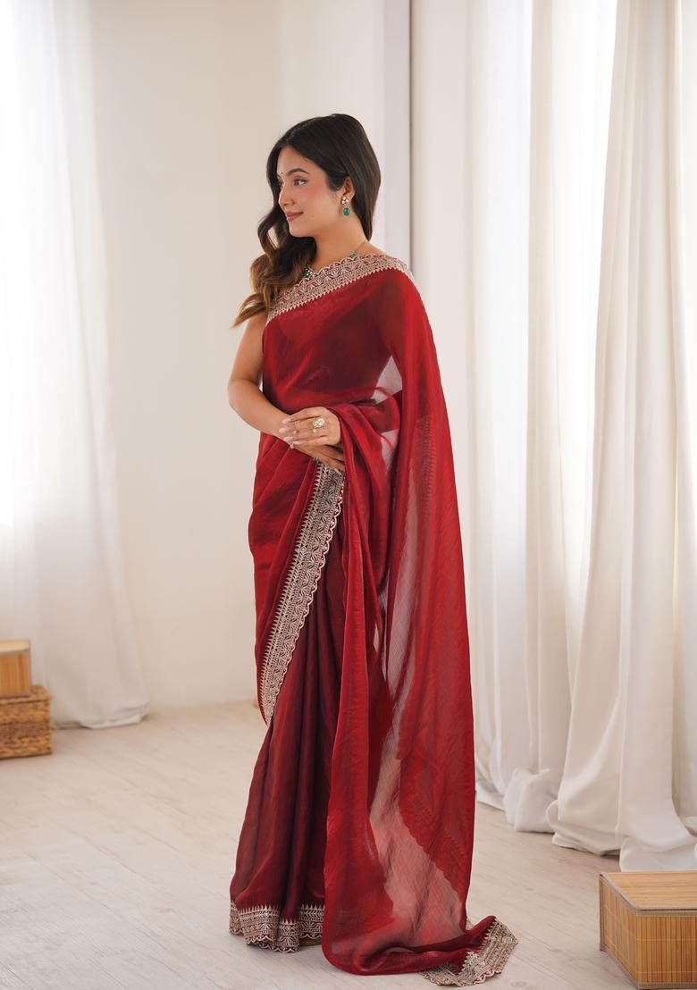 Maroon Zari Work Silk Saree Set - Indya