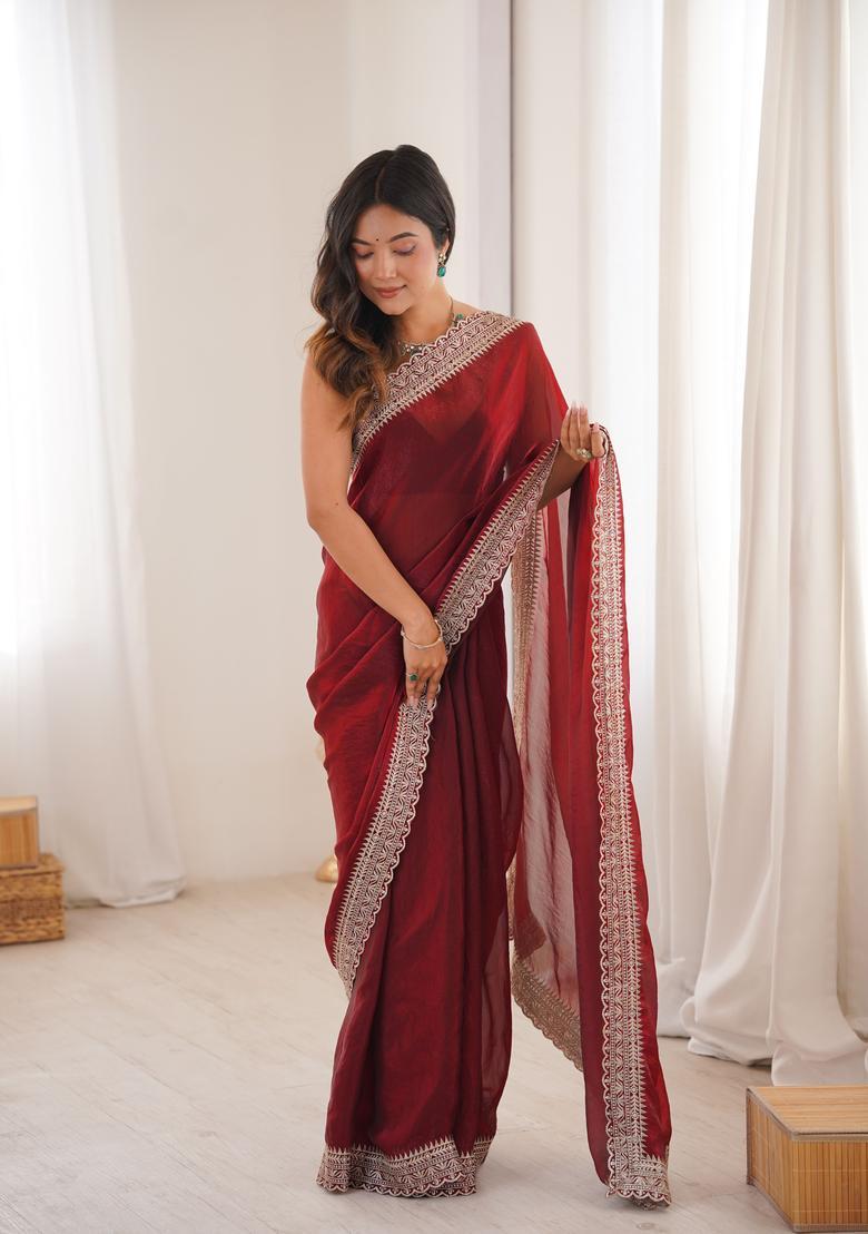 Maroon Zari Work Silk Saree Set - Indya