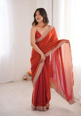 Rust Zari Work Silk Saree Set