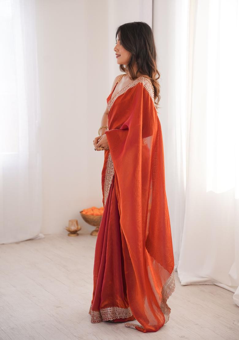 Rust Zari Work Silk Saree Set - Indya