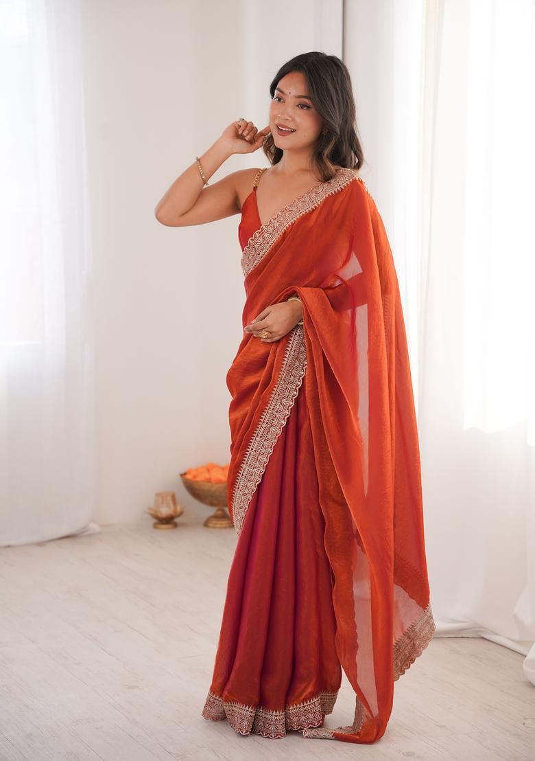 Rust Zari Work Silk Saree Set - Indya