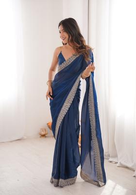 Blue Zari Work Silk Saree Set