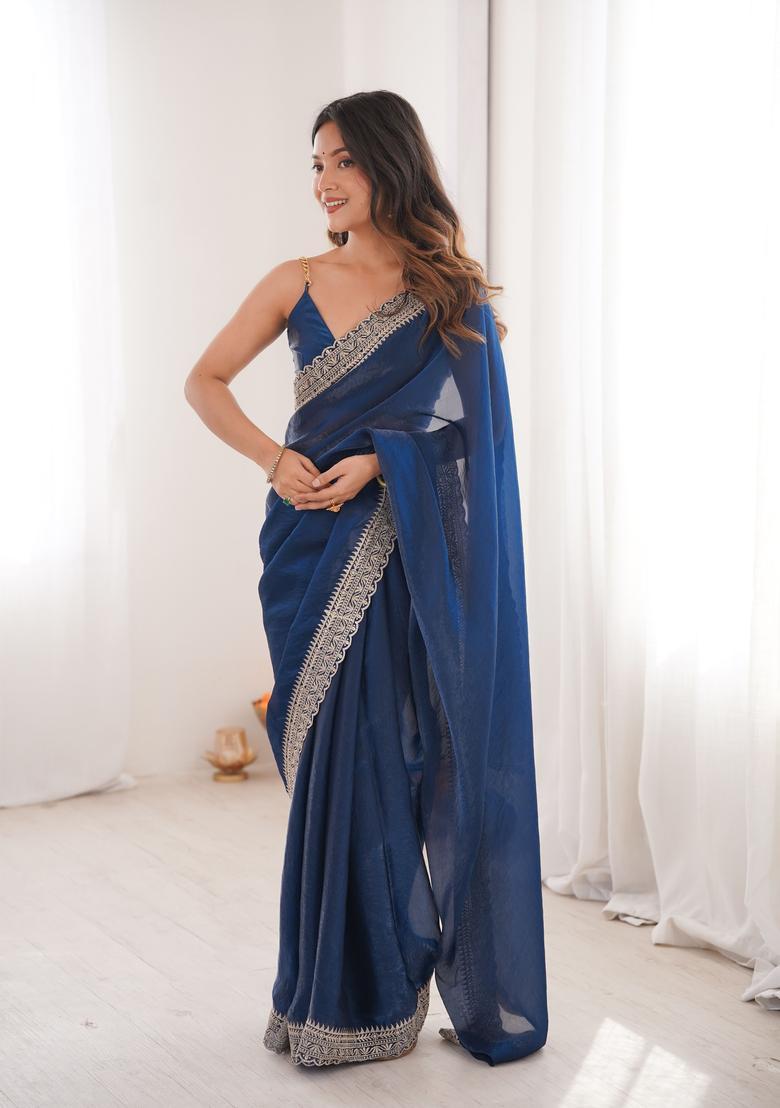 Blue Zari Work Silk Saree Set - Indya