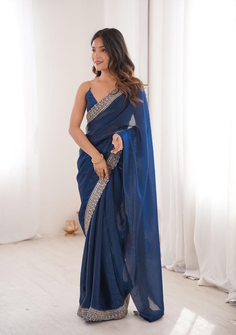 Blue Zari Work Silk Saree Set - Indya