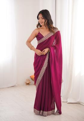 Purple Zari Work Silk Saree Set
