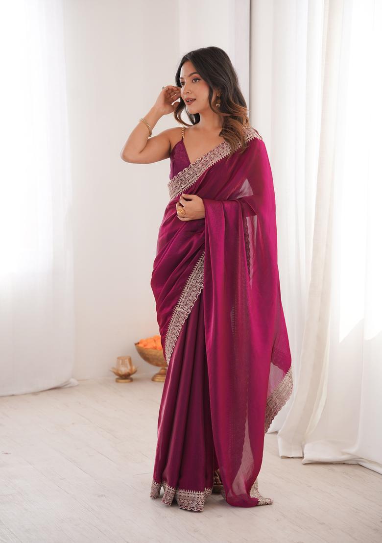Purple Zari Work Silk Saree Set - Indya