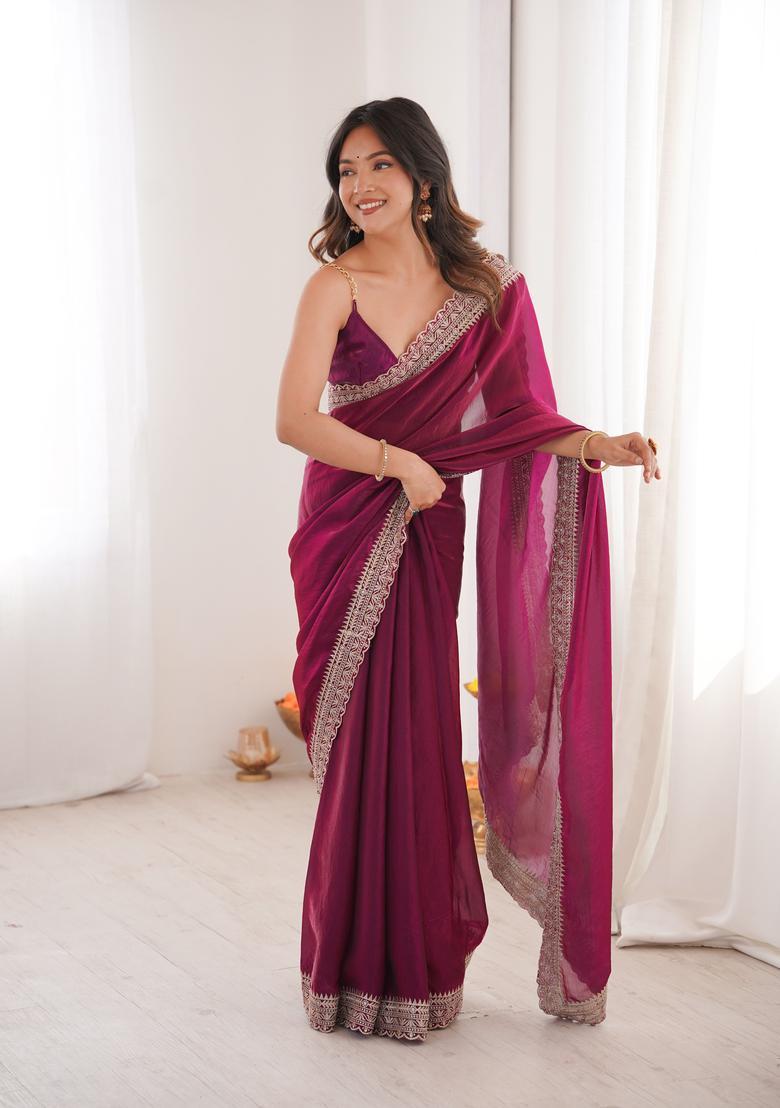 Purple Zari Work Silk Saree Set - Indya