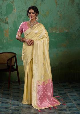 Yellow Zari Work Cotton Saree Set