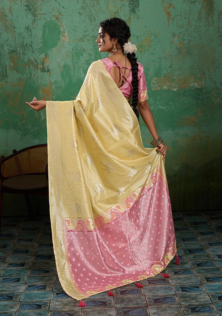 Yellow Zari Work Cotton Saree Set - Indya