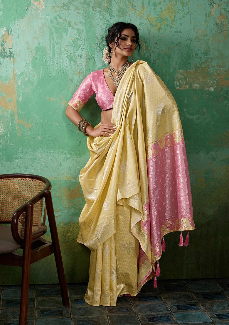 Yellow Zari Work Cotton Saree Set - Indya