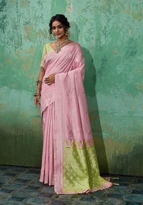Pink Zari Work Cotton Saree Set
