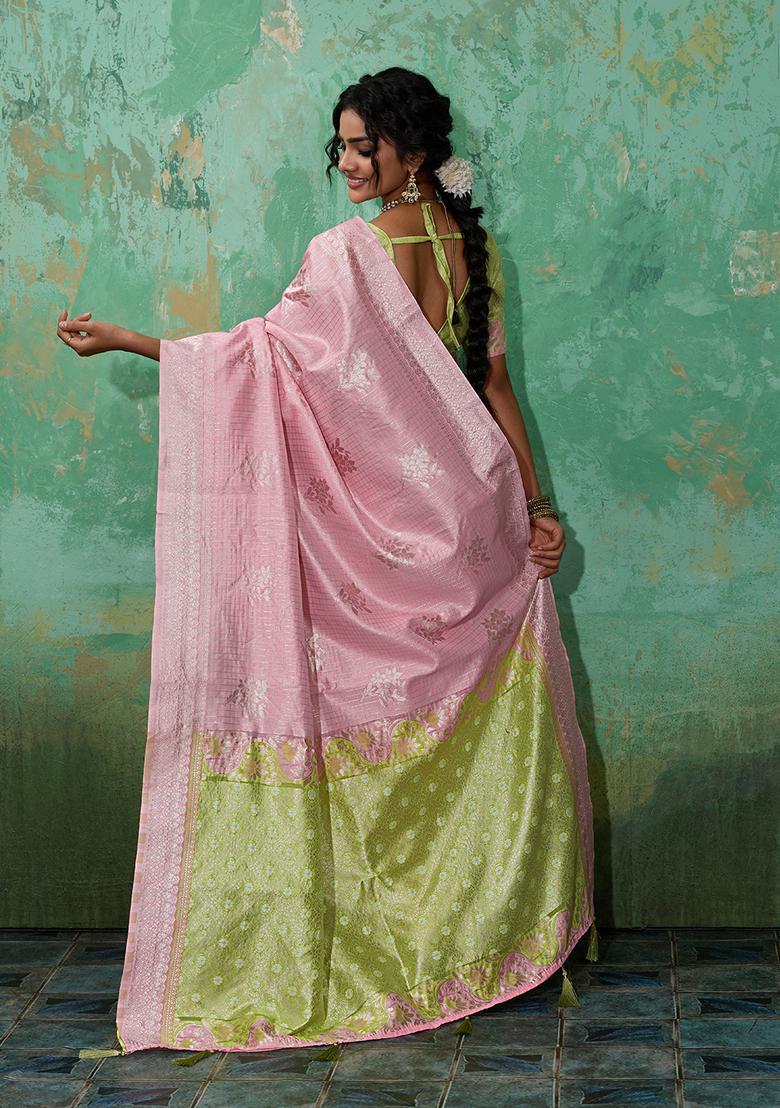 Pink Zari Work Cotton Saree Set - Indya