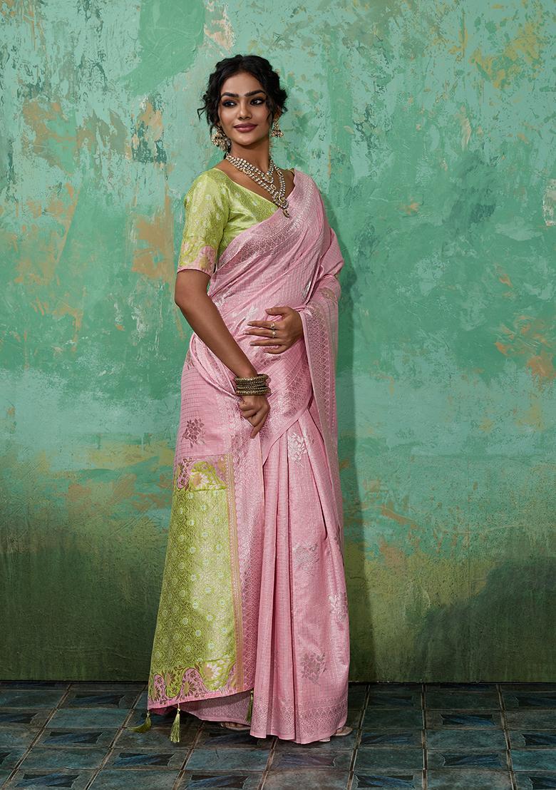 Pink Zari Work Cotton Saree Set - Indya
