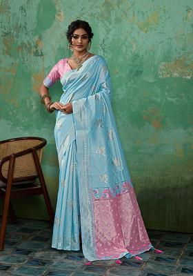 Sky Blue Zari Work Cotton Saree Set