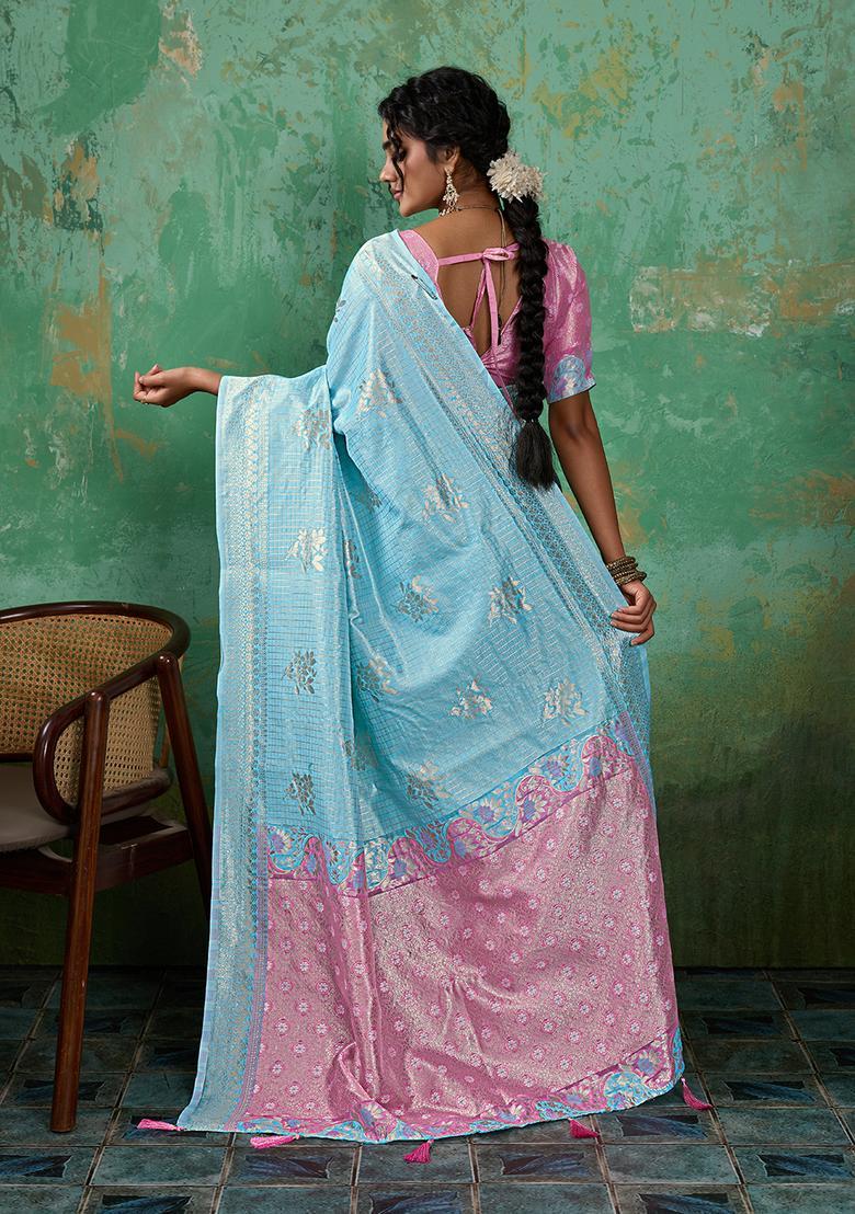 Sky Blue Zari Work Cotton Saree Set - Indya