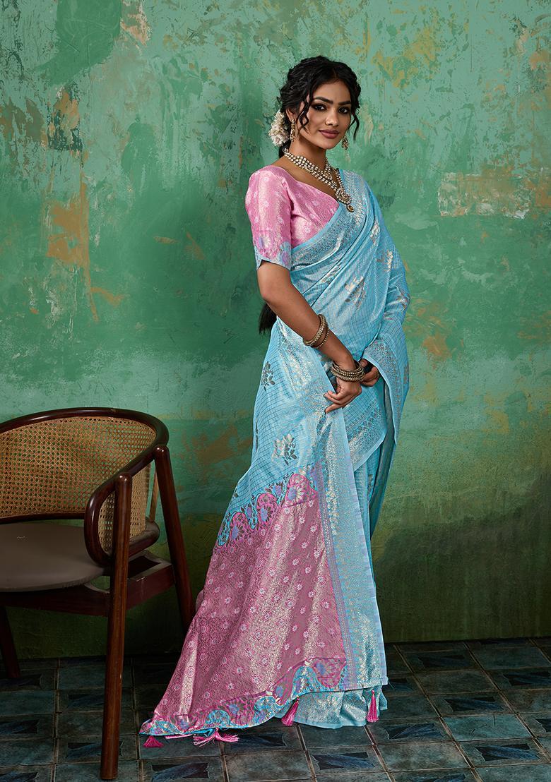 Sky Blue Zari Work Cotton Saree Set - Indya