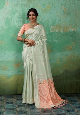 Green Zari Work Cotton Saree Set