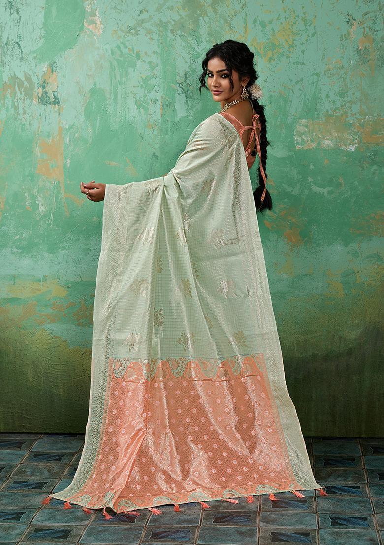 Green Zari Work Cotton Saree Set - Indya