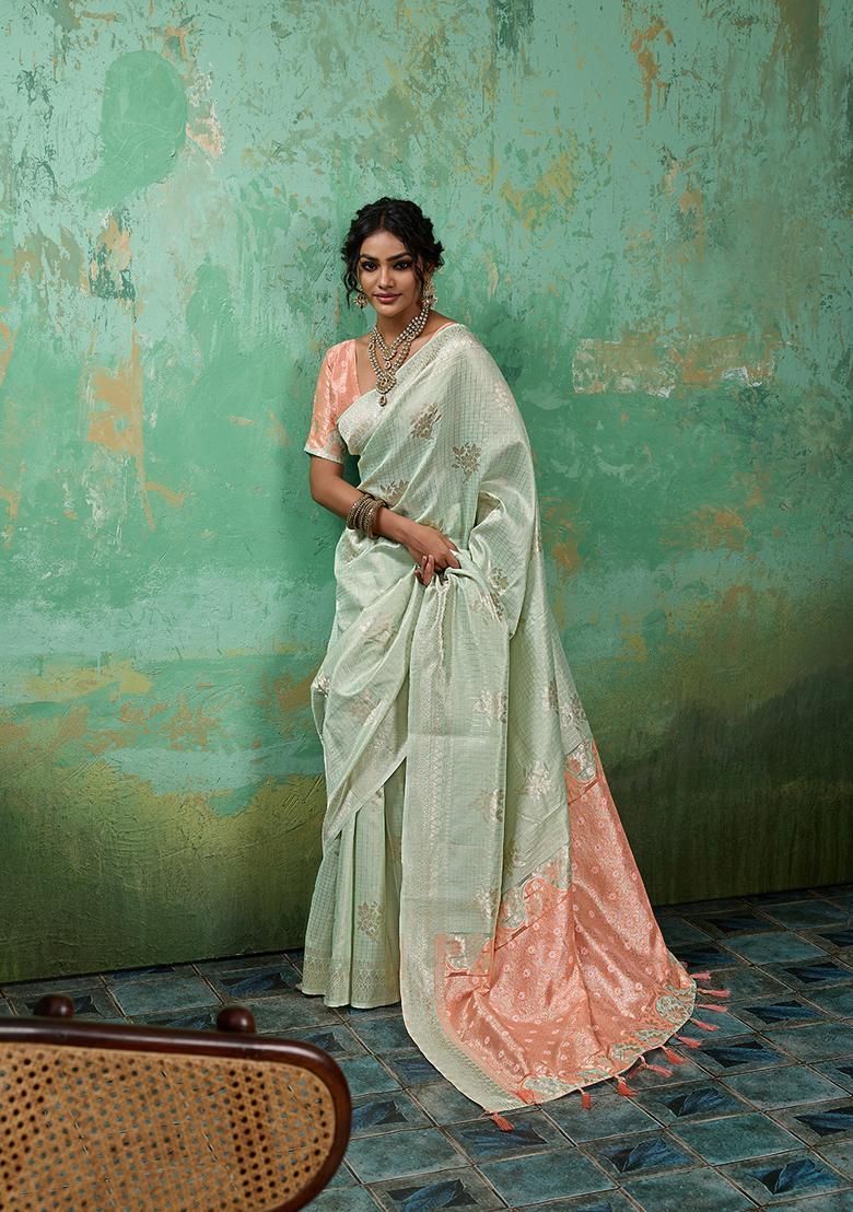 Green Zari Work Cotton Saree Set - Indya