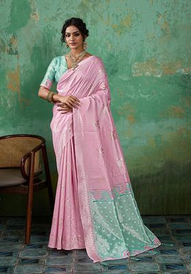 Pink Zari Work Cotton Saree Set