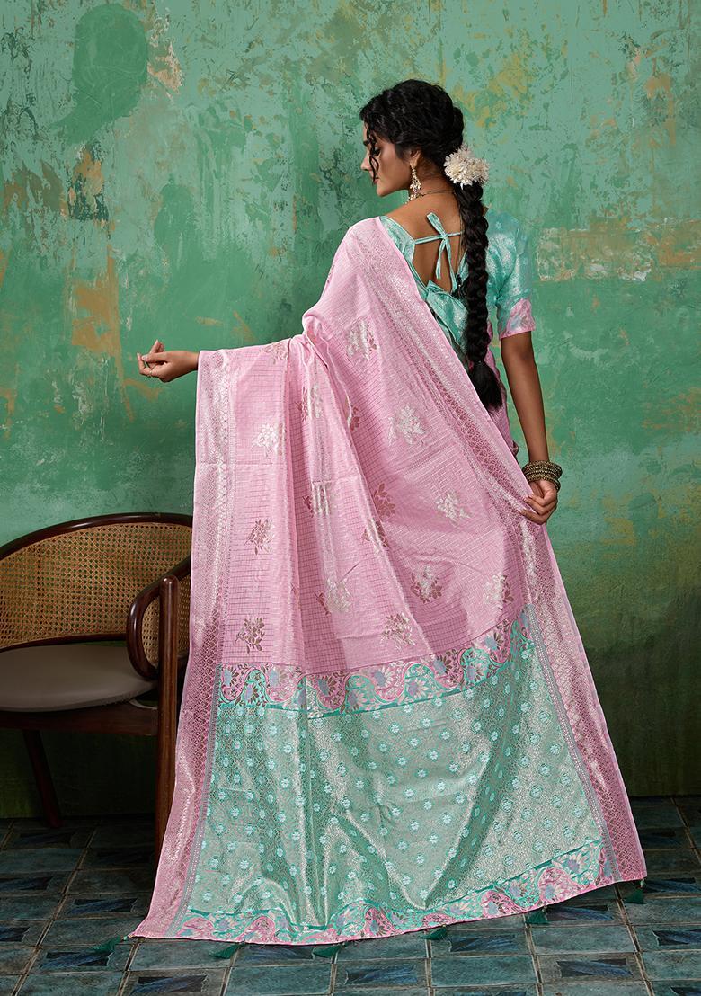 Pink Zari Work Cotton Saree Set - Indya