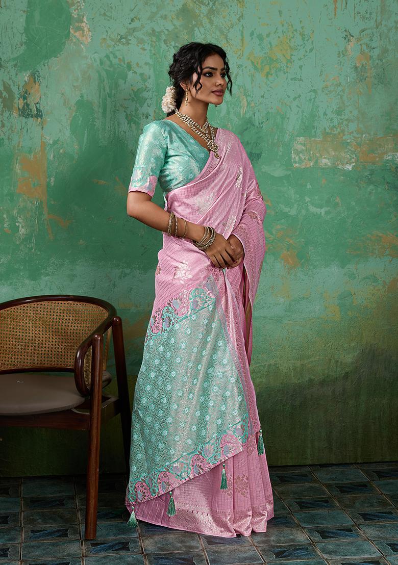 Pink Zari Work Cotton Saree Set - Indya
