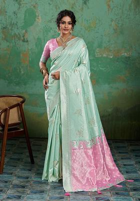 Sea Green Zari Work Cotton Saree Set