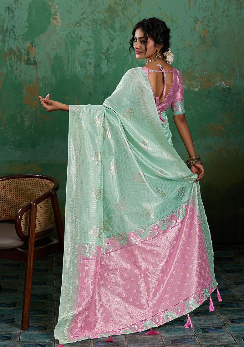 Sea Green Zari Work Cotton Saree Set - Indya