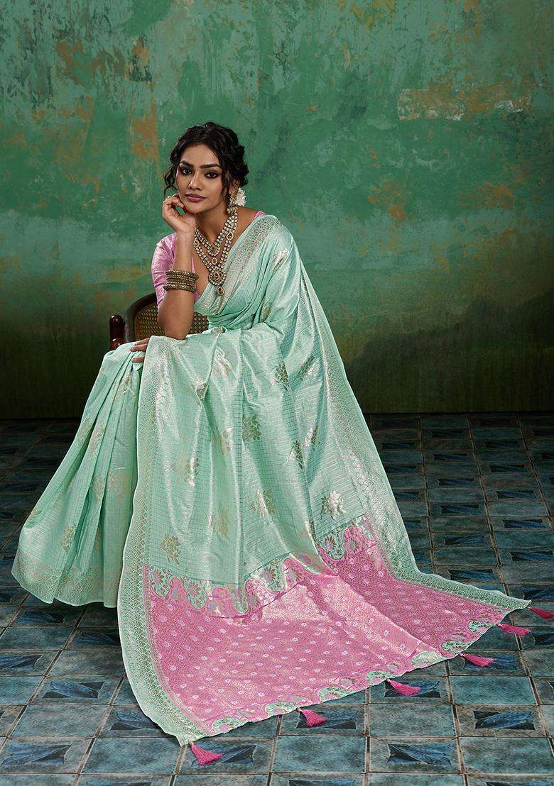 Sea Green Cotton Saree Set with Zari Work for Diwali | Wedding & Festive Wear - Indya