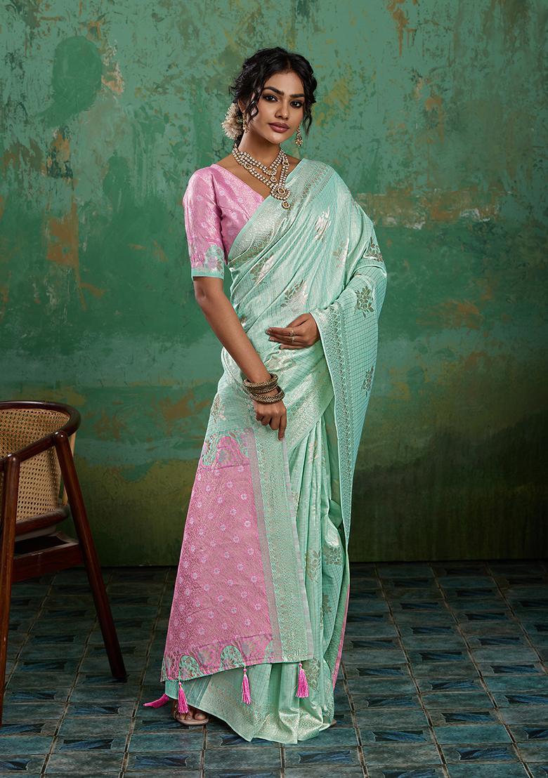 Sea Green Zari Work Cotton Saree Set - Indya