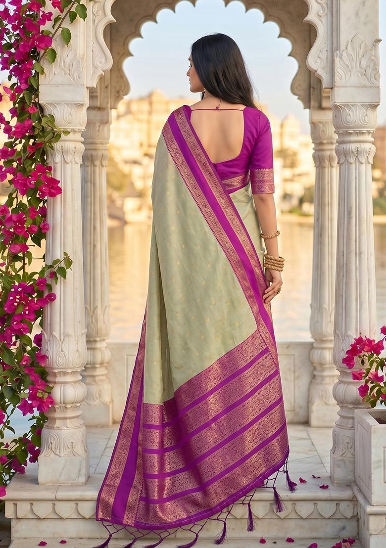 Brown Zari Work Silk Saree Set - Indya
