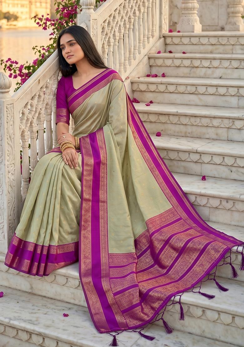 Brown Zari Work Silk Saree Set - Indya