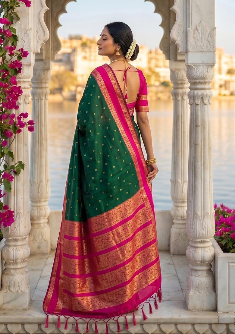 Green Zari Work Silk Saree Set - Indya