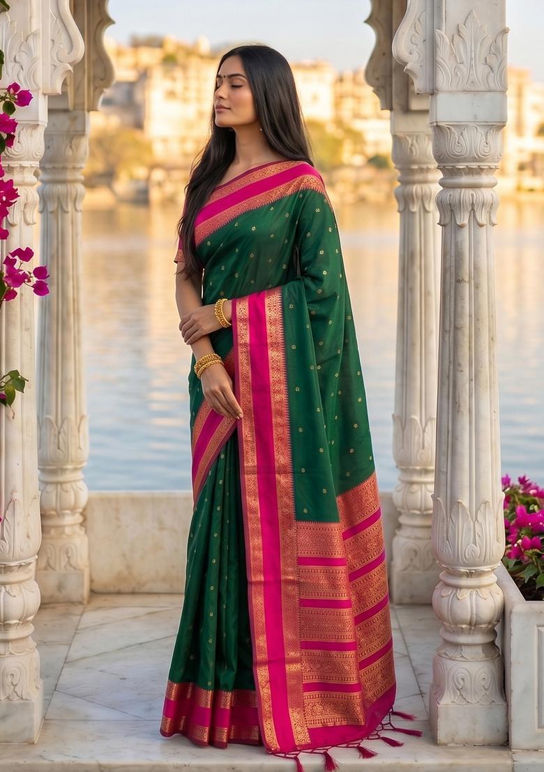 Green Zari Work Silk Saree Set - Indya