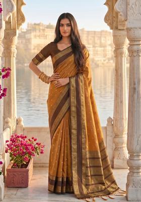 Mustard Zari Work Silk Saree Set