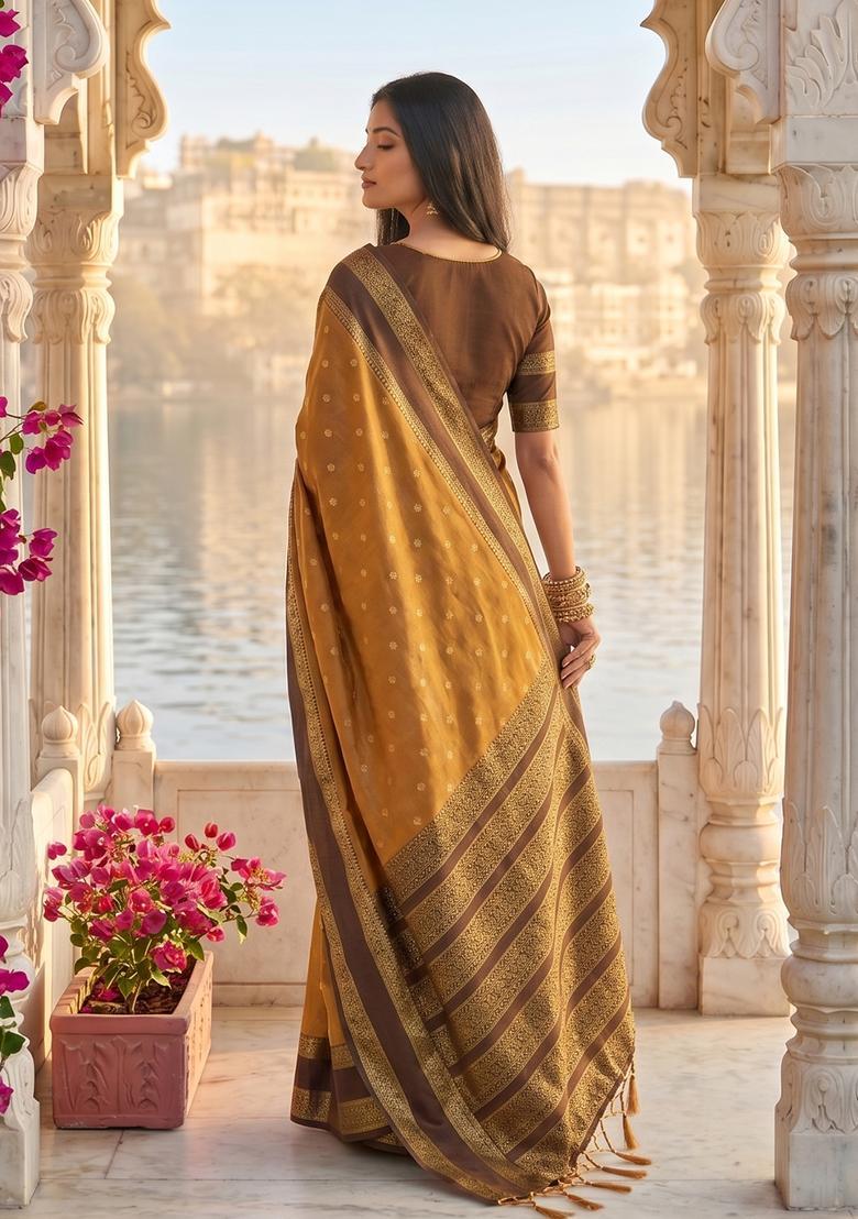 Mustard Zari Work Silk Saree Set - Indya