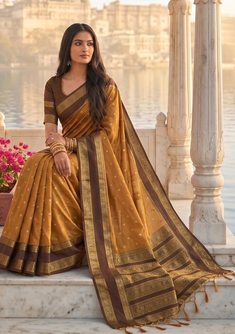Mustard Zari Work Silk Saree Set - Indya