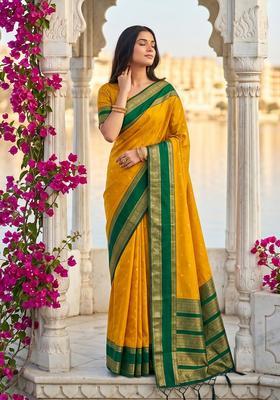 Yellow Zari Work Silk Saree Set