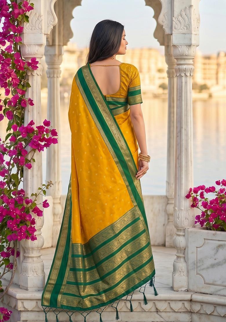 Yellow Zari Work Silk Saree Set - Indya
