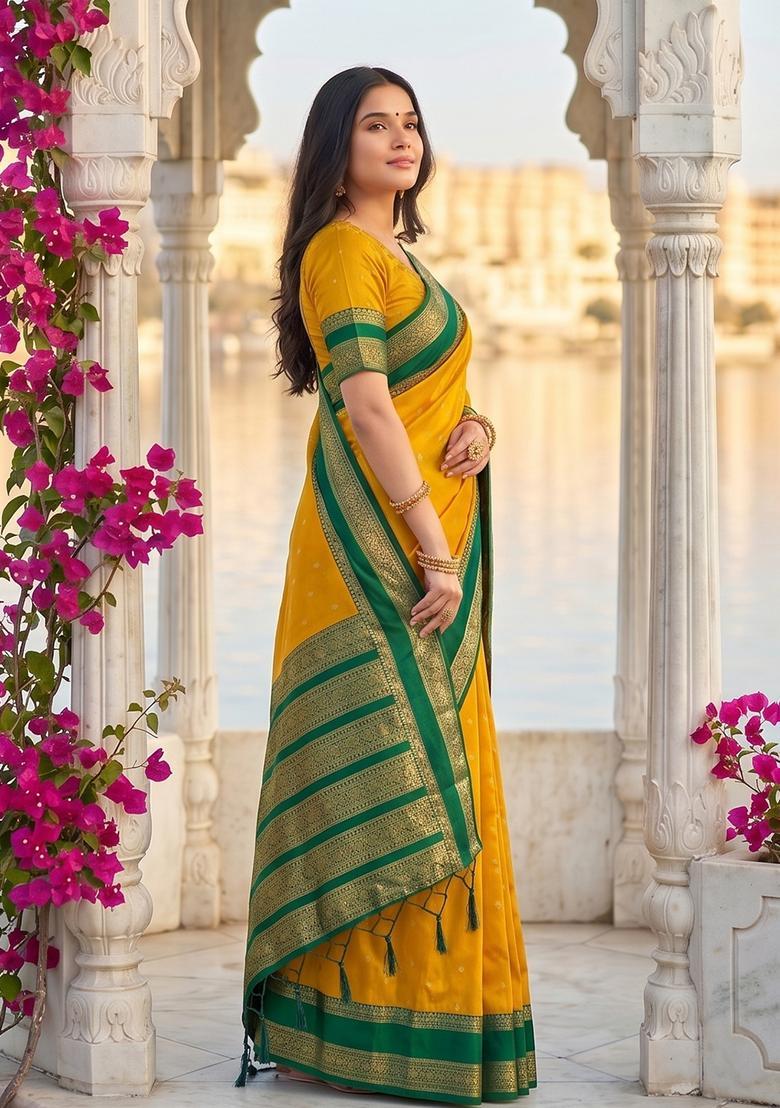 Yellow Zari Work Silk Saree Set - Indya