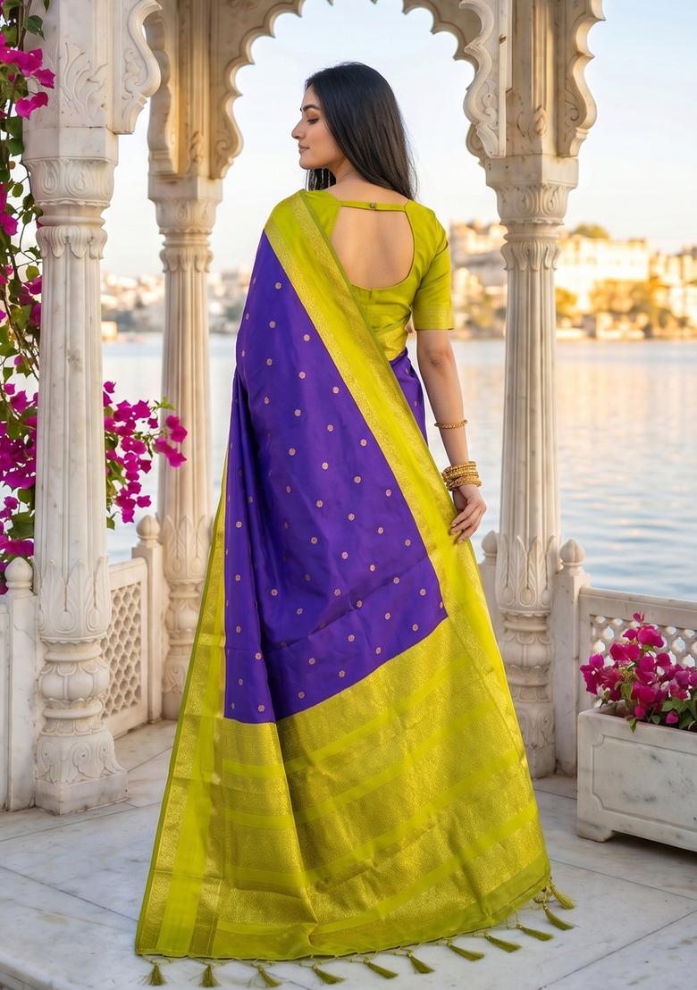 Blue Zari Work Silk Saree Set - Indya