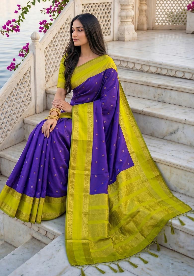 Blue Zari Work Silk Saree Set - Indya
