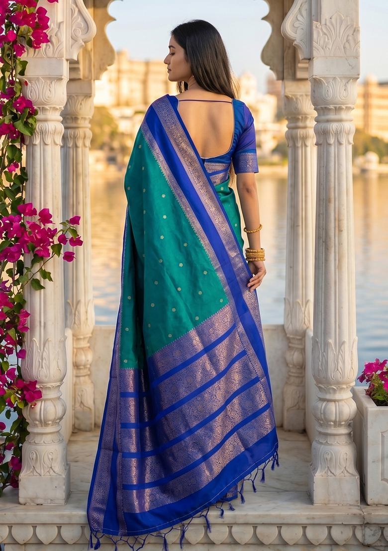 Green Zari Work Silk Saree Set - Indya