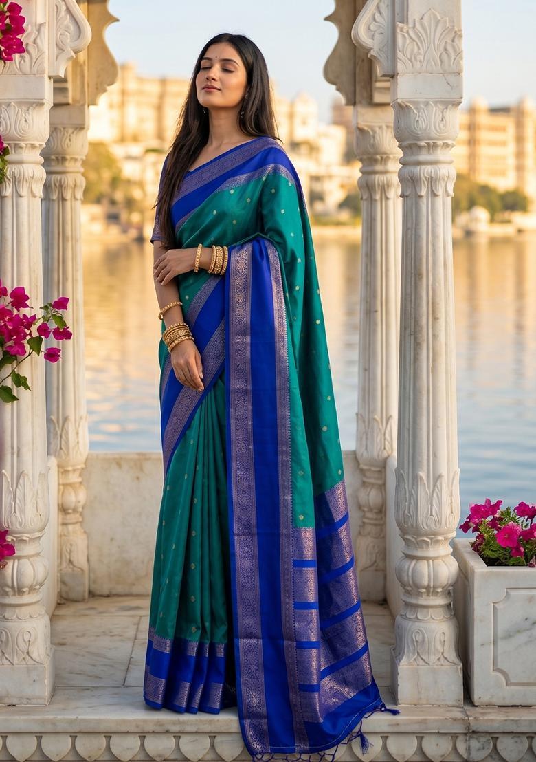 Green Zari Work Silk Saree Set - Indya